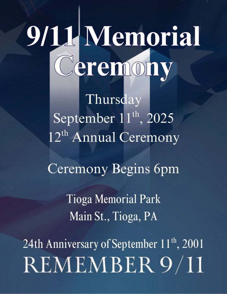 9/11 Memorial Ceremony – Thursday, Sept. 11th At Tioga Memorial Park At 6:00 PM