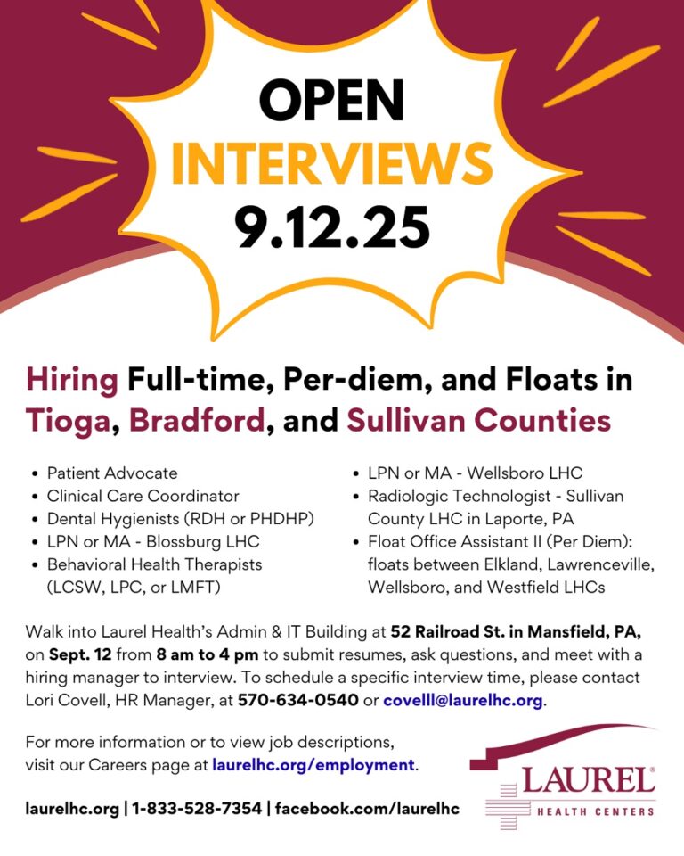 Laurel Health to Hold Open Interview Hiring Event September 12th in Mansfield, PA – Press Release.