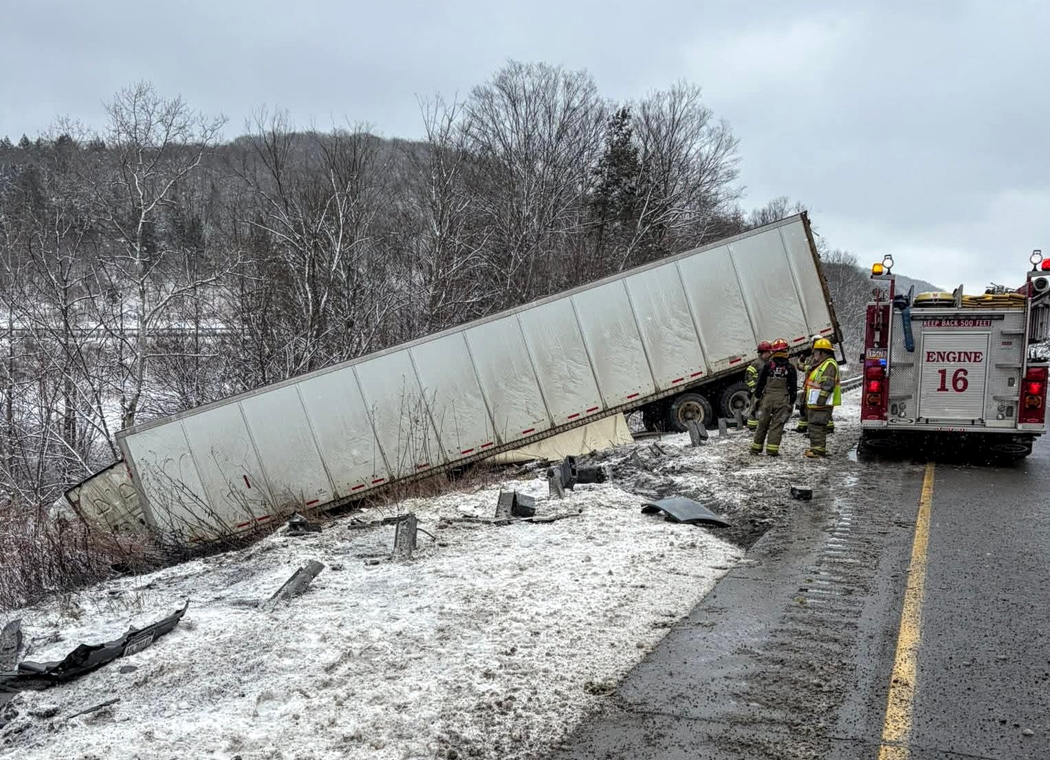 Tractor Trailer Goes Partially Over Embankment - First News Now PA