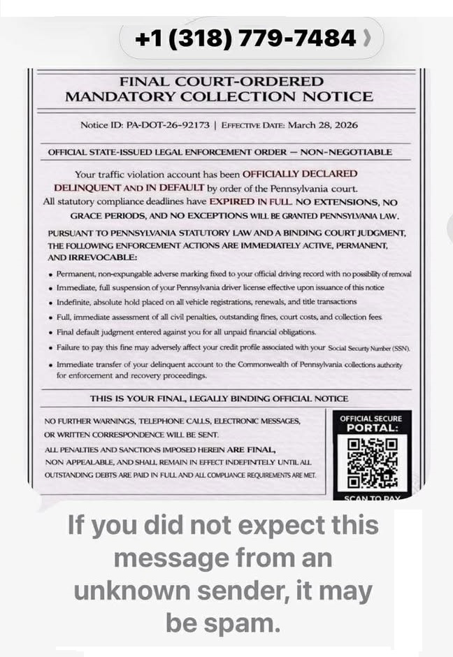 Scammers Sending Out Realistic Text Messages Claiming to be from PennDOT