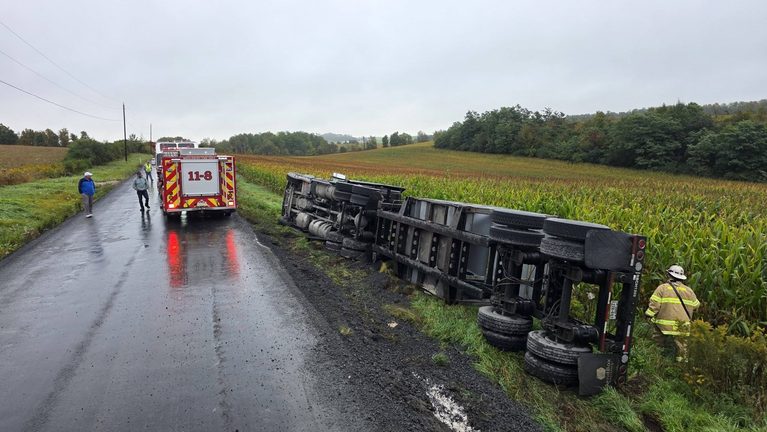 Truck Driver Injured When Tractor Trailer Tips Over  in Middlebury Township